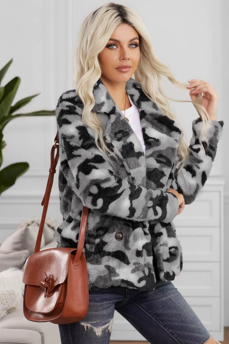 Maeve Womens Camo Lapel Collar Open Front Fleece Coat Gray