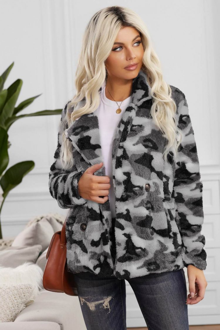 Maeve Womens Camo Lapel Collar Open Front Fleece Coat Gray