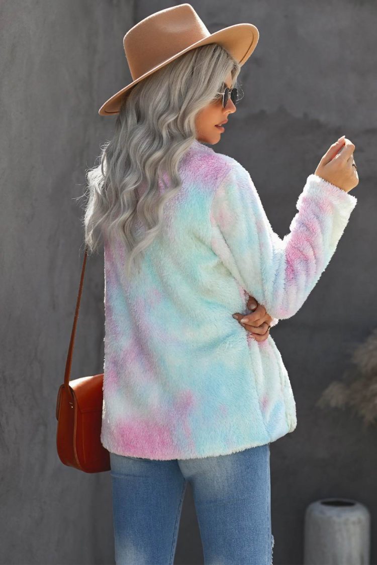 Malina Women's Multi-color Tie Dye Lapel Collar Open Front Fleece Coat