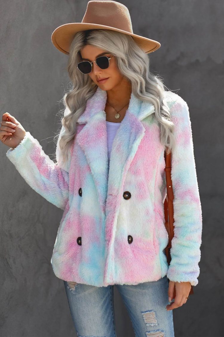 Malina Women's Multi-color Tie Dye Lapel Collar Open Front Fleece Coat