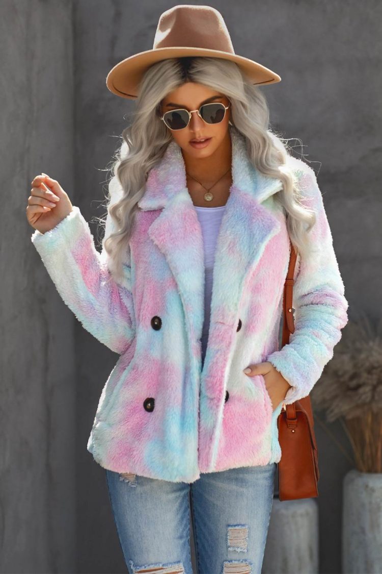 Malina Women's Multi-color Tie Dye Lapel Collar Open Front Fleece Coat