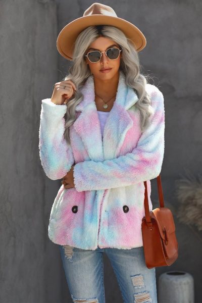 Malina Women's Multi-color Tie Dye Lapel Collar Open Front Fleece Coat