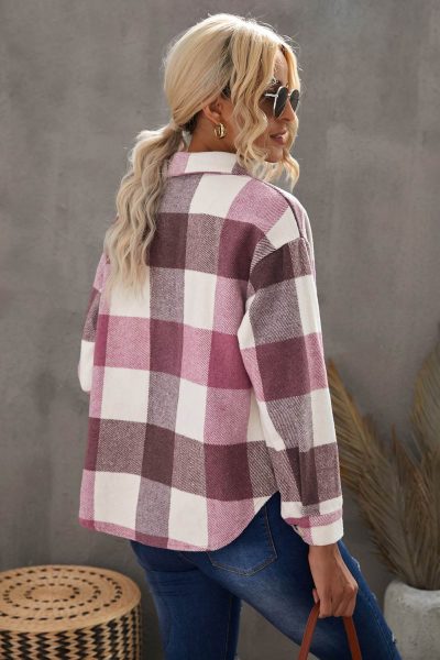 Mathea Women Plaid Color Block Buttoned Long Sleeve Jacket with Pocket