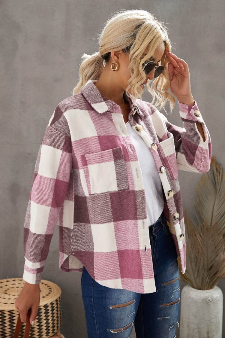 Mathea Women Plaid Color Block Buttoned Long Sleeve Jacket with Pocket