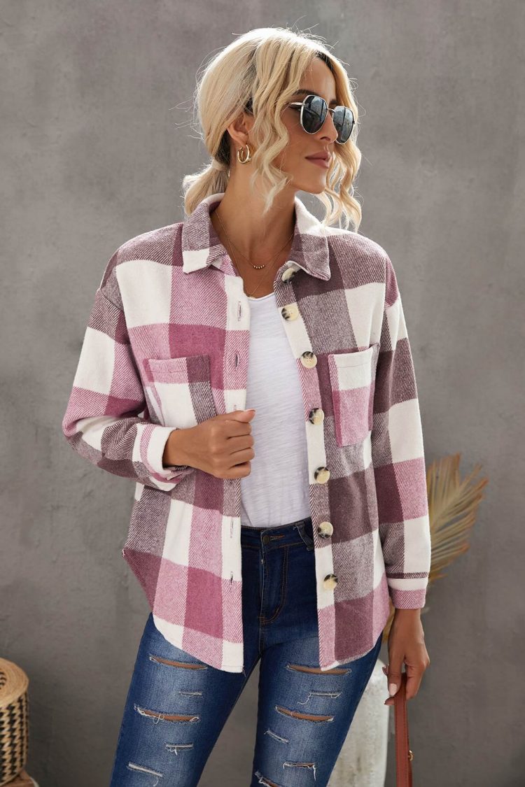 Mathea Women Plaid Color Block Buttoned Long Sleeve Jacket with Pocket