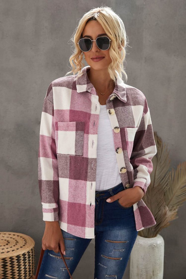 Mathea Women Plaid Color Block Buttoned Long Sleeve Jacket with Pocket