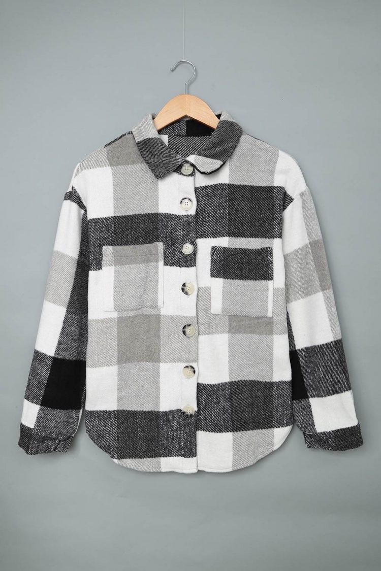 Mathea Womens Plaid Color Block Buttoned Long Sleeve Jacket with Pocket Gray