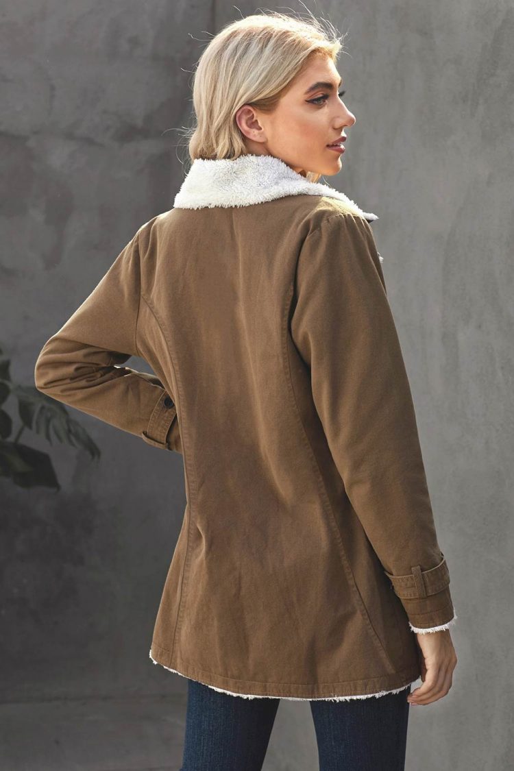 Nancy Womens Khaki Lapel Collar Button Fleece Jacket