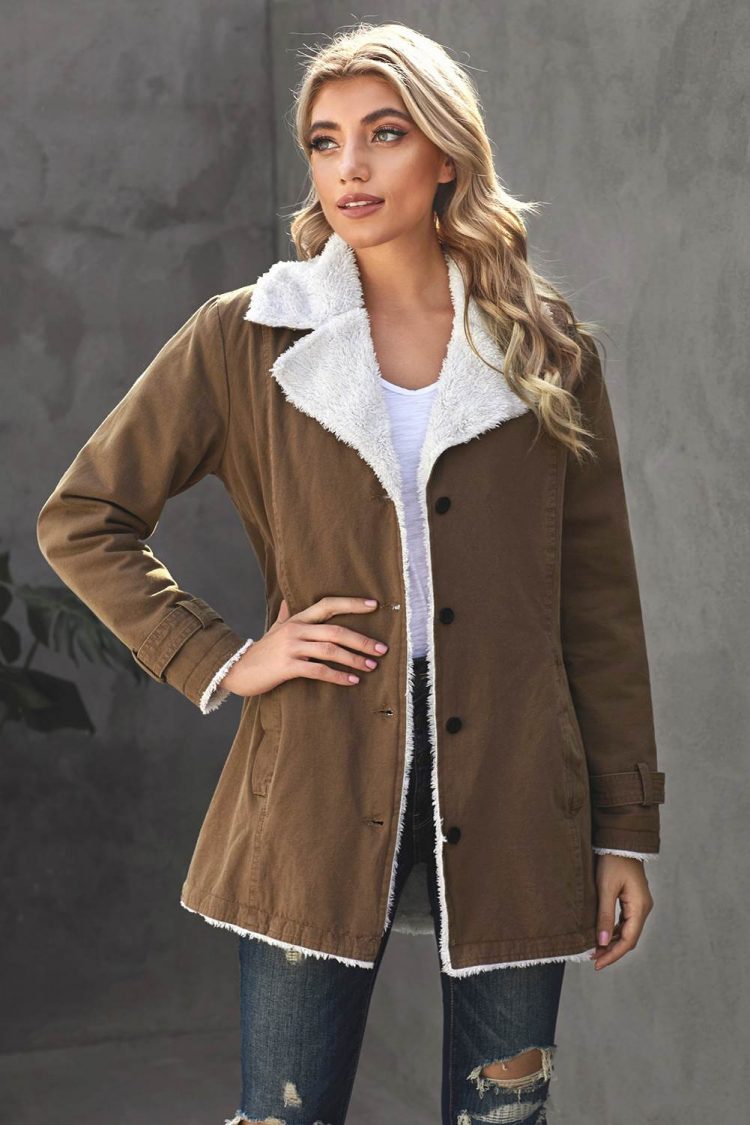 Nancy Womens Khaki Lapel Collar Button Fleece Jacket