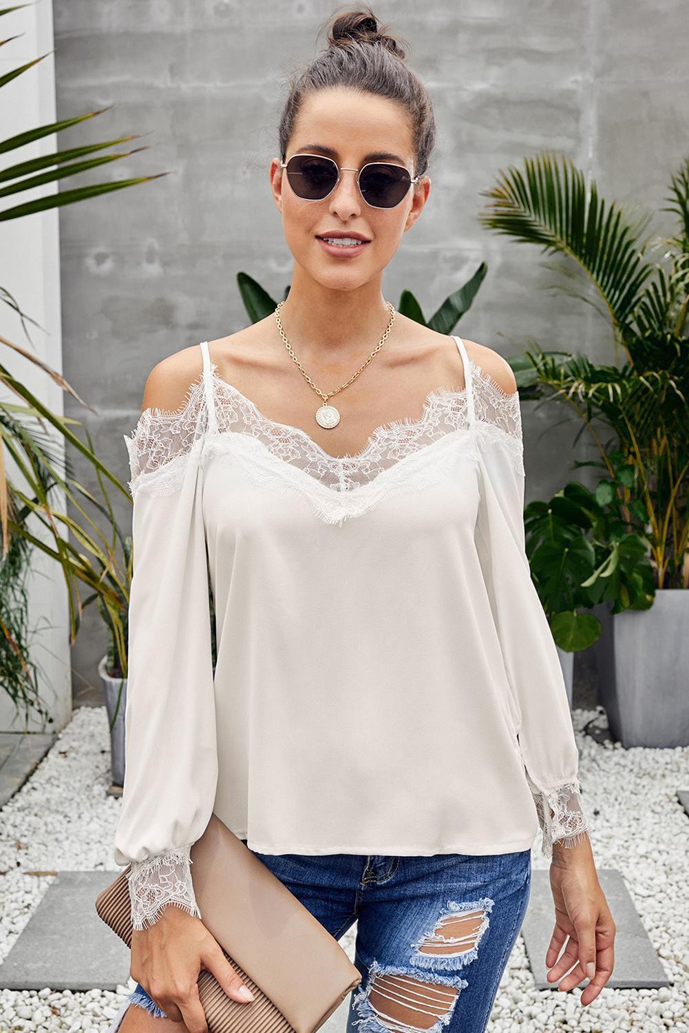 Abbey Womens Lace Cold Shoulder Blouse White Amber Millet