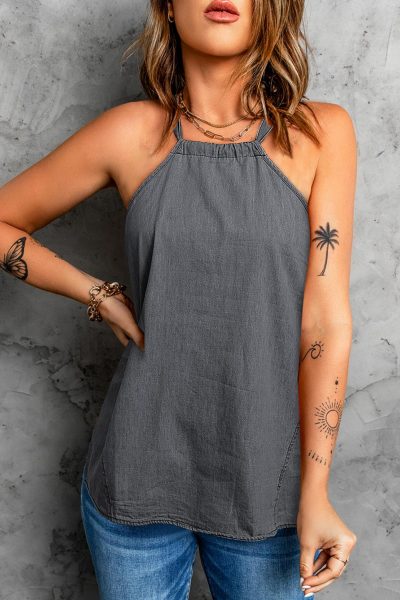 Angelou Women's Halter Neck Denim Tank Top Gray