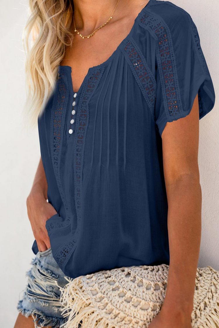 Beenle Women's Crochet Eyelet Short Sleeves Top Blue