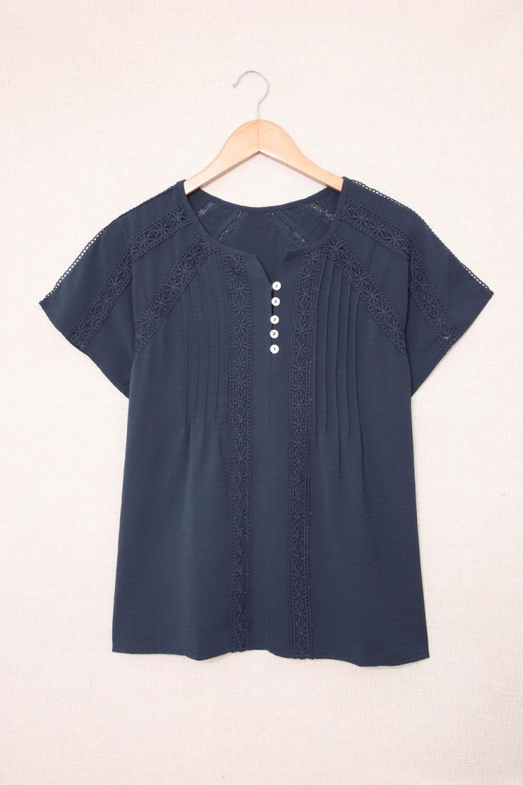 Beenle Women's Crochet Eyelet Short Sleeves Top Blue