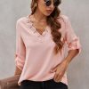 Betty Women's Lace V Neck 3/4 Sleeves Blouse Pink