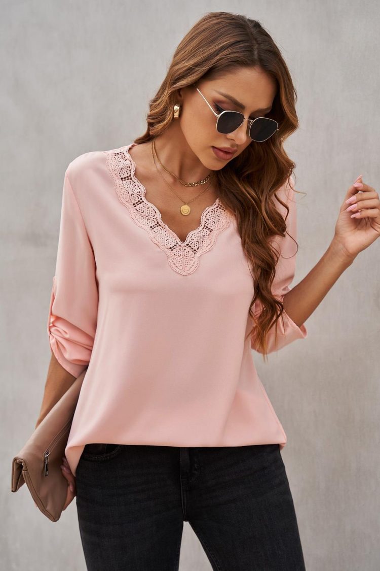 Betty Women's Lace V Neck 3/4 Sleeves Blouse Pink