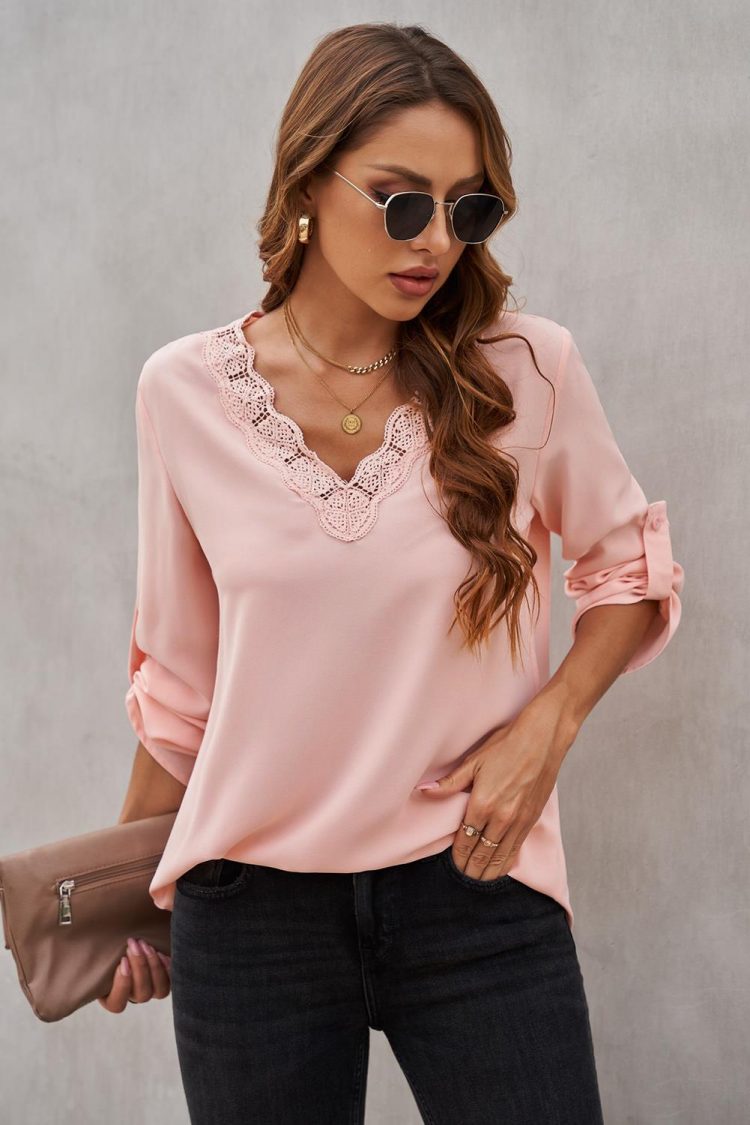 Betty Women's Lace V Neck 3/4 Sleeves Blouse Pink