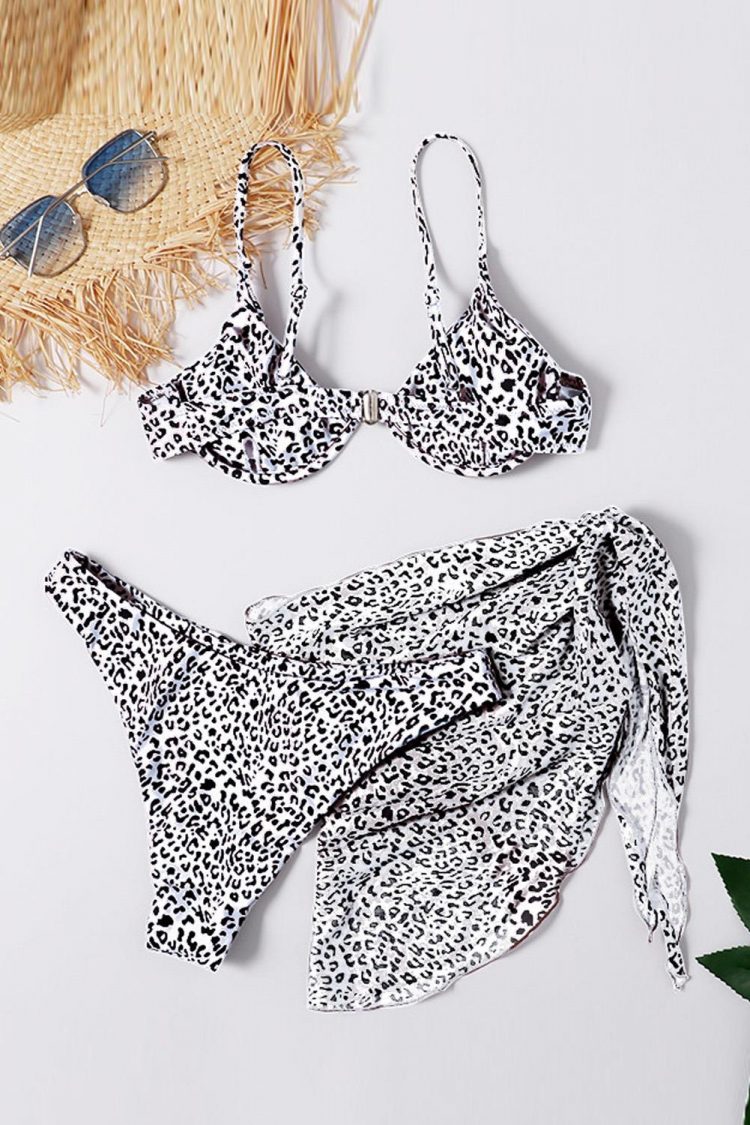 Beverly Women's White 3pcs Leopard Bikini & Sarong Swim Set