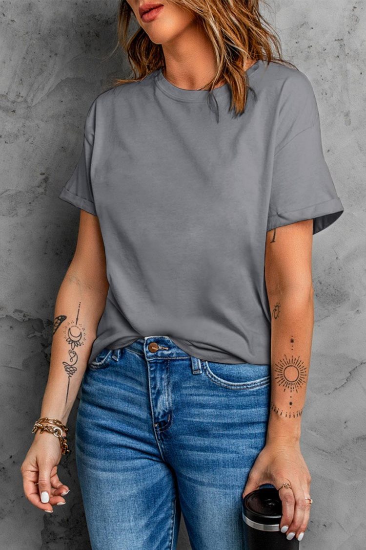 Blanche Women's Solid Color Crew Neck Tee Gray