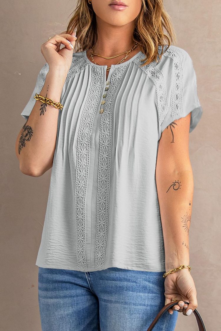 Chris Women's Crochet Eyelet Short Sleeves Top Gray