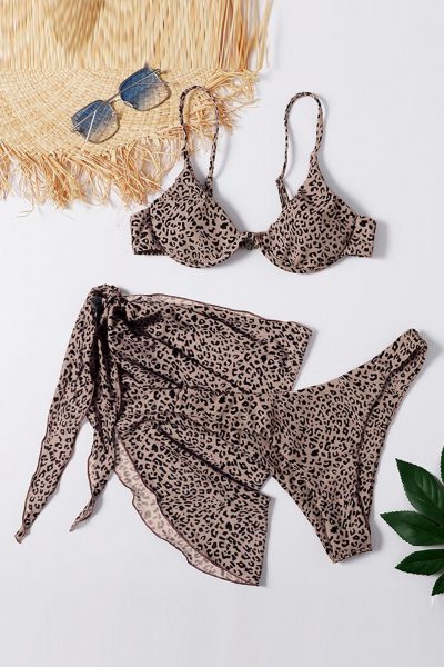 Coral Women's Sexy 3pcs Leopard Bikini & Sarong Swim Set