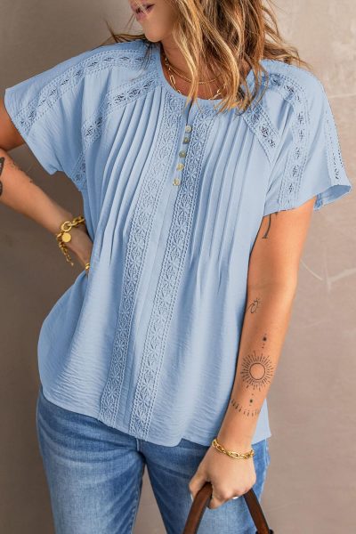 Deborah Women's Crochet Eyelet Short Sleeves Top Sky Blue