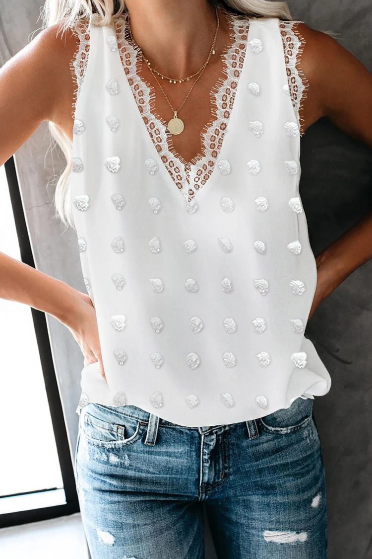 Dixie Women's Swiss Dot Lace Stitching V Neck Tank Top White