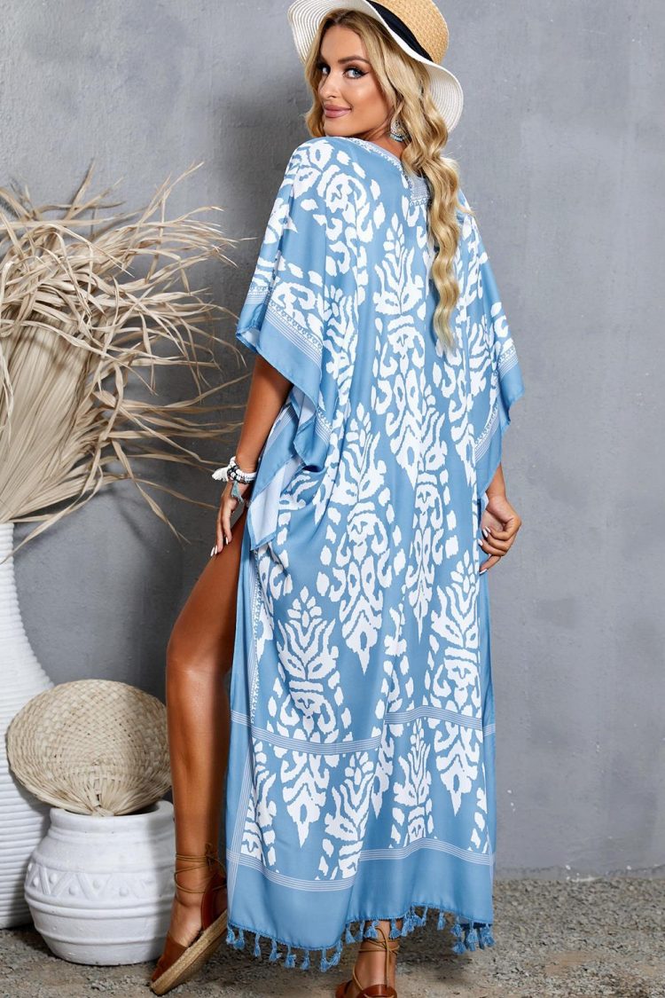 Elaine Women's Printed Tassel Open Front Kimono Sky Blue