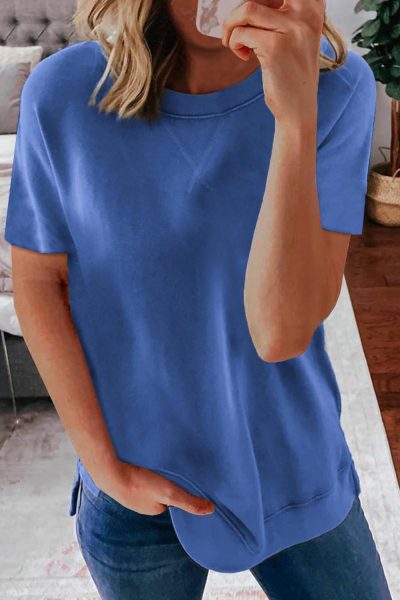 Felicia Women's Round Neck Short Sleeve Solid Color Tee Blue