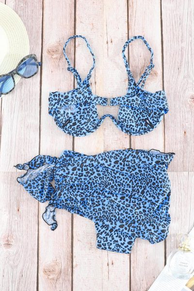 Felicia Women's Sexy Blue 3pcs Leopard Bikini & Sarong Swim Set