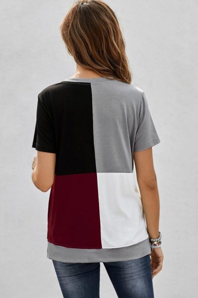 Genevieve Women's Colorblock T-shirt with Slits Wine Red