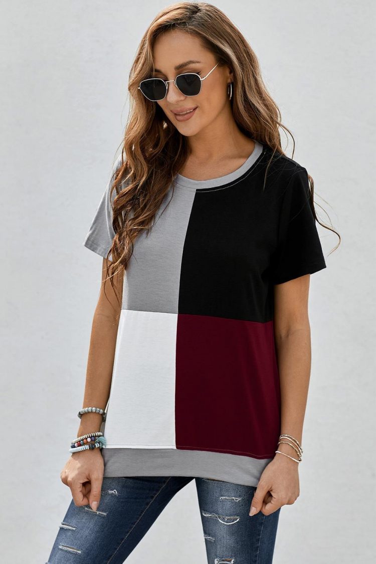 Genevieve Women's Colorblock T-shirt with Slits Wine Red