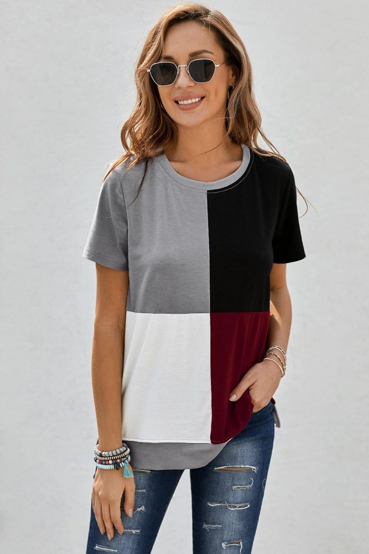 Genevieve Women's Colorblock T-shirt with Slits Wine Red