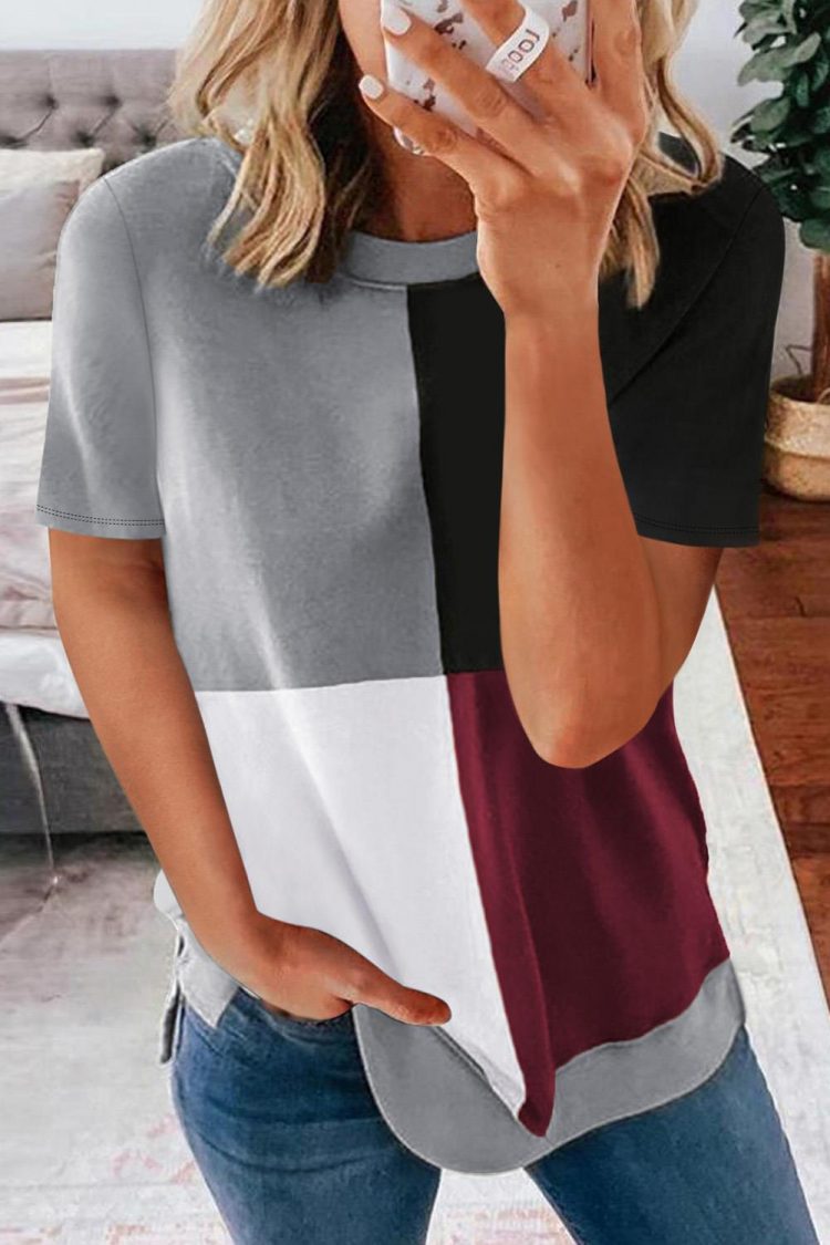 Genevieve Women's Colorblock T-shirt with Slits Wine Red