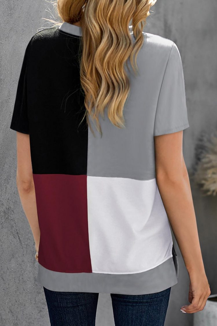 Genevieve Women's Colorblock T-shirt with Slits Wine Red