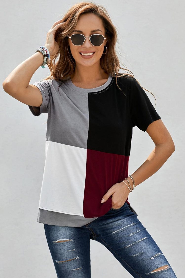 Genevieve Women's Colorblock T-shirt with Slits Wine Red