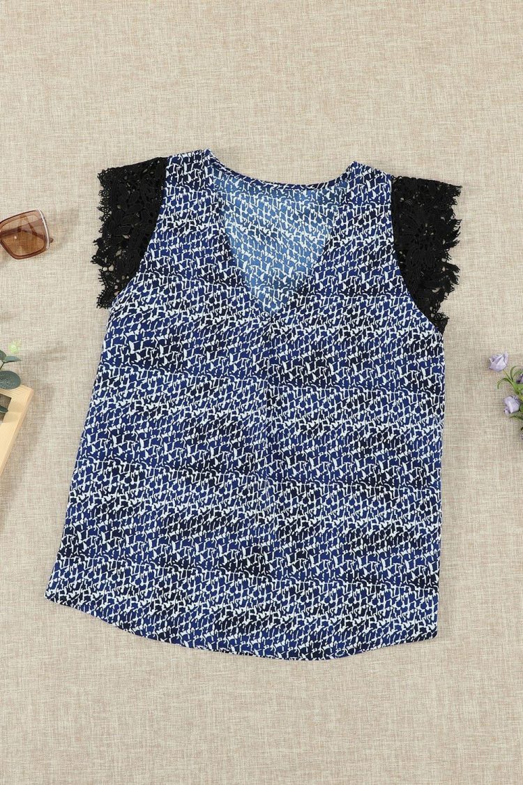 Heather Women's Print Lace Shoulder Tank Top Blue