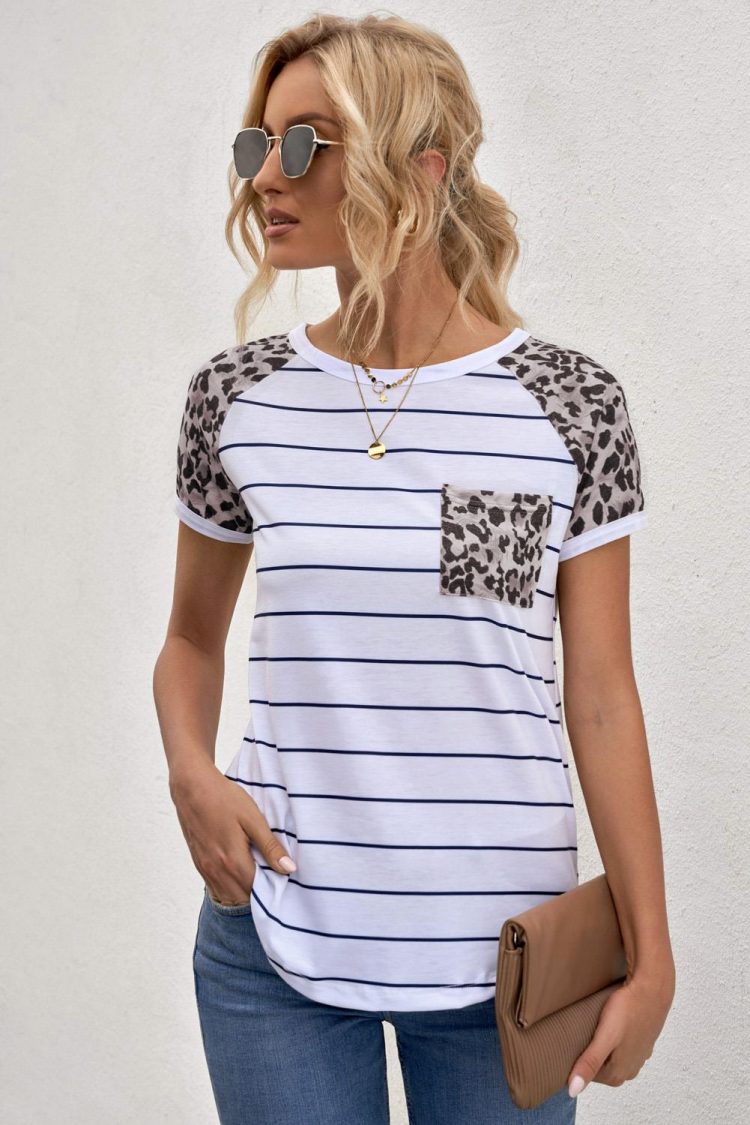 Irene Women's Striped Leopard Pocketed Patch Tee White