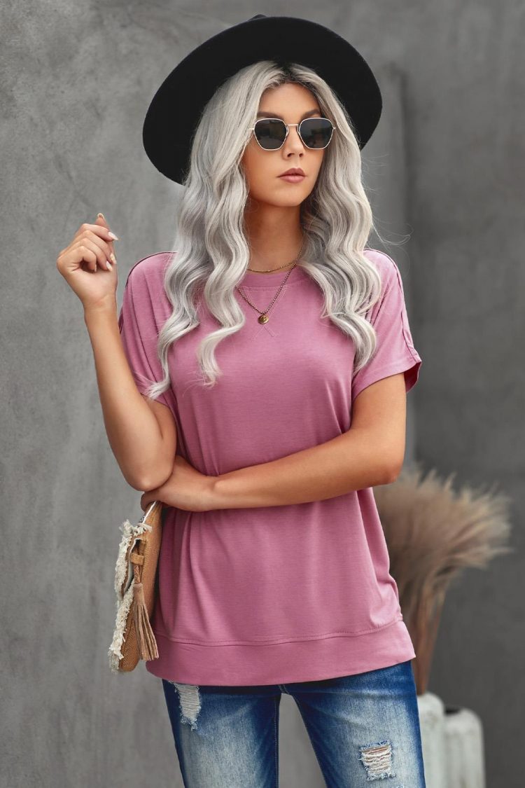 Ishtar Women's Round Neck Short Sleeve Solid Color Tee Pink