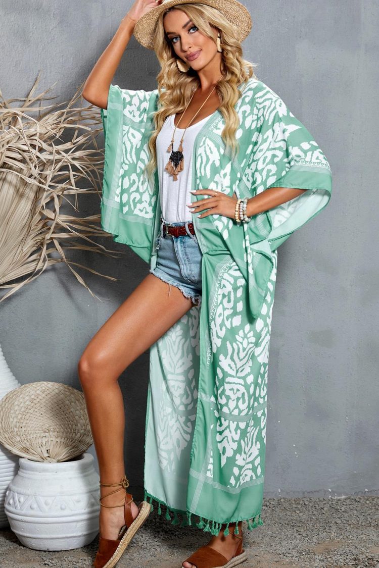 Jamie Women's Printed Tassel Open Front Kimono Green