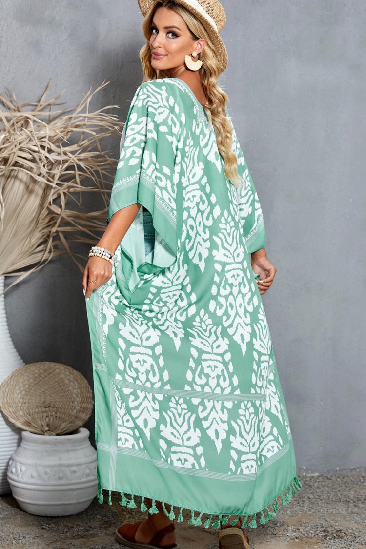 Jamie Women's Printed Tassel Open Front Kimono Green