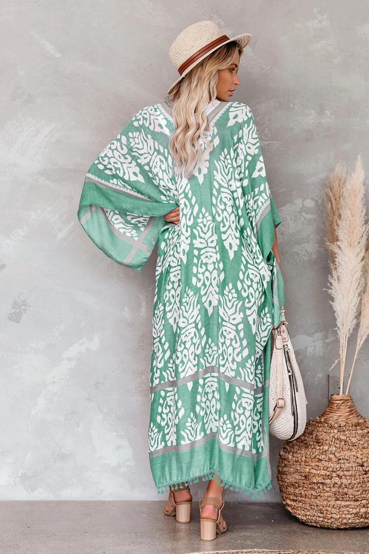 Jamie Women's Printed Tassel Open Front Kimono Green