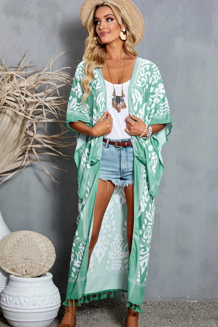 Jamie Women's Printed Tassel Open Front Kimono Green