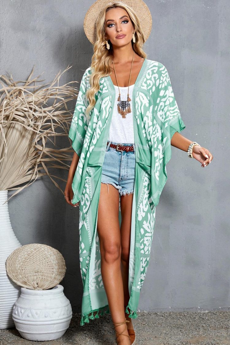 Jamie Women's Printed Tassel Open Front Kimono Green