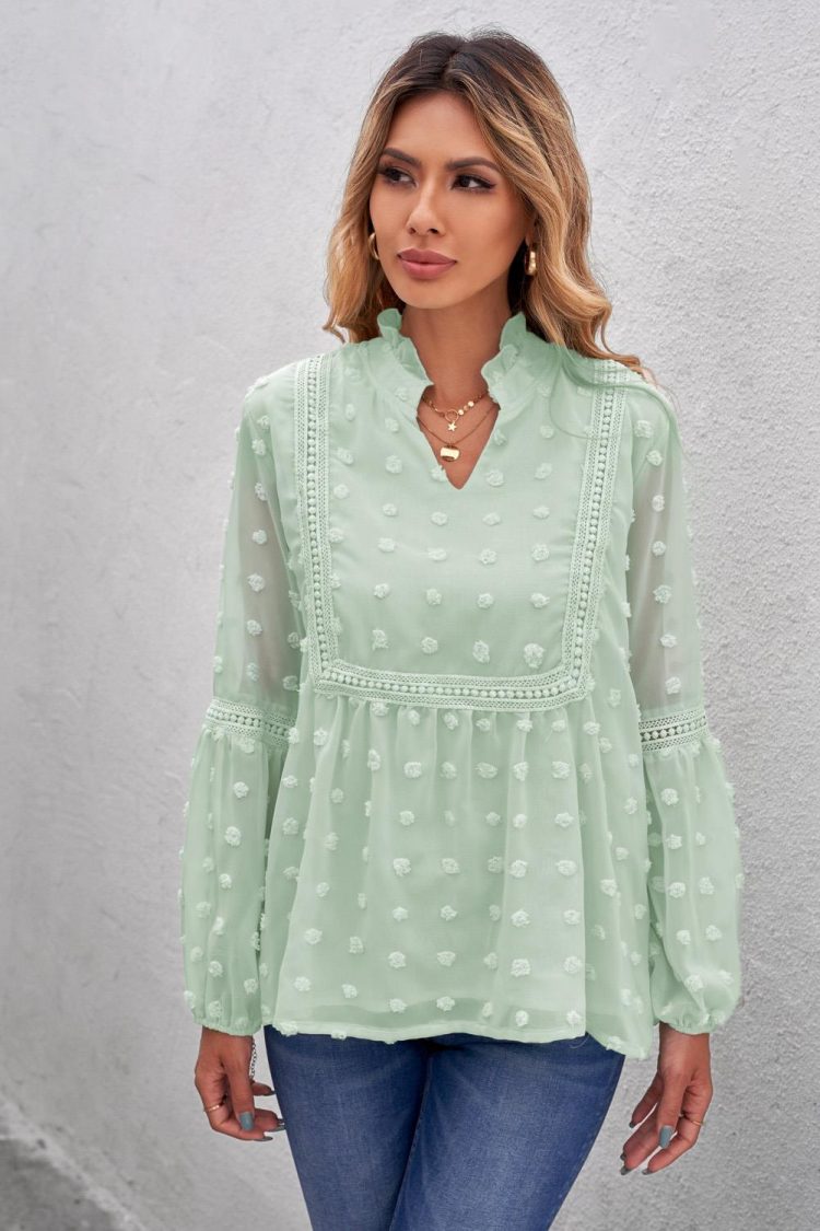 Judy Women's Swiss Dot Split Neck Ruffle Babydoll Blouse Green