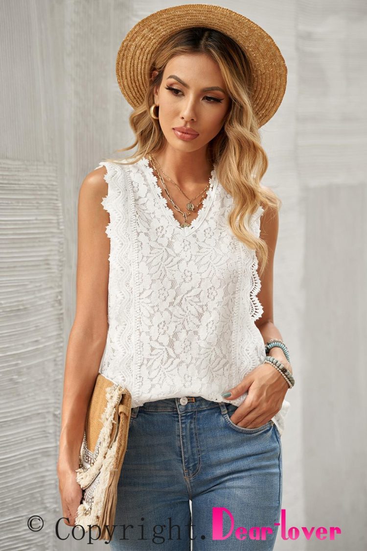 Laverne Women's Lace V Neck Tank Top White