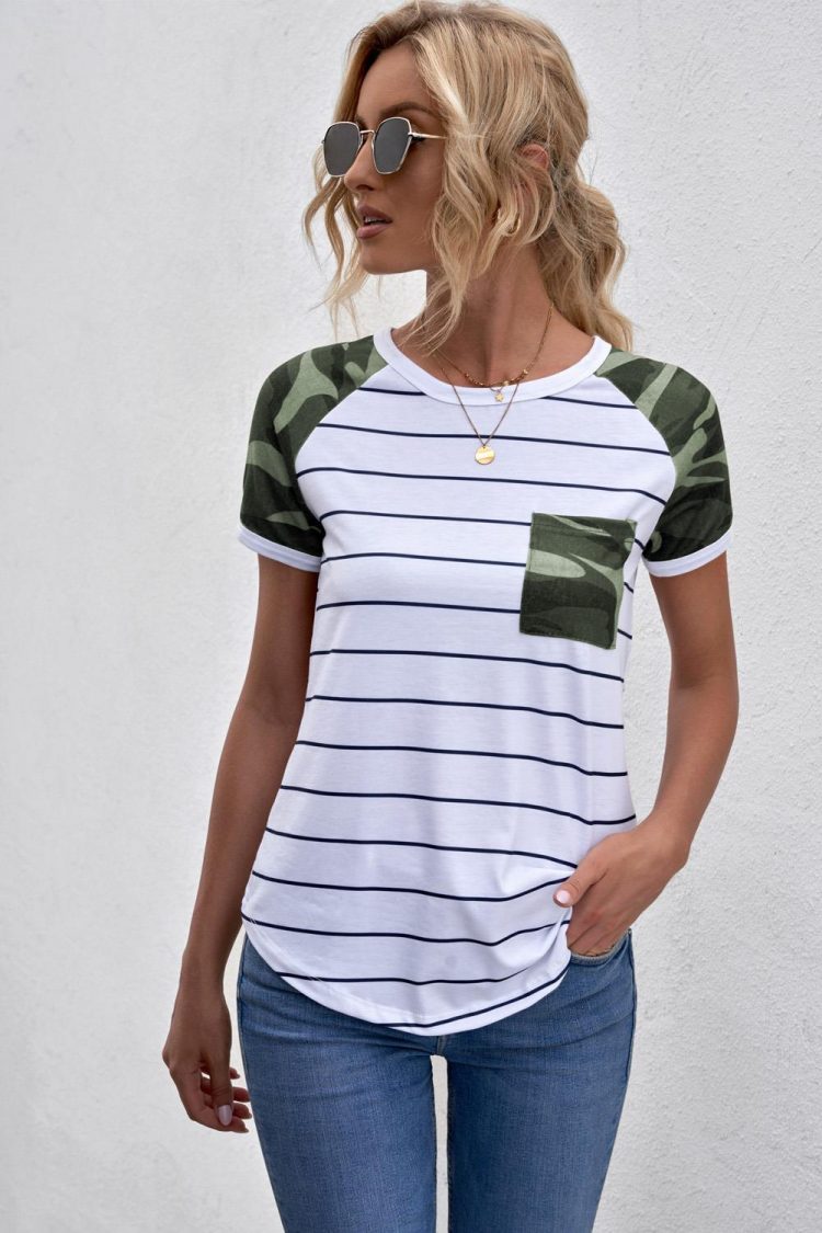 Liz Women's Striped Camo Pocketed Patch Tee Green