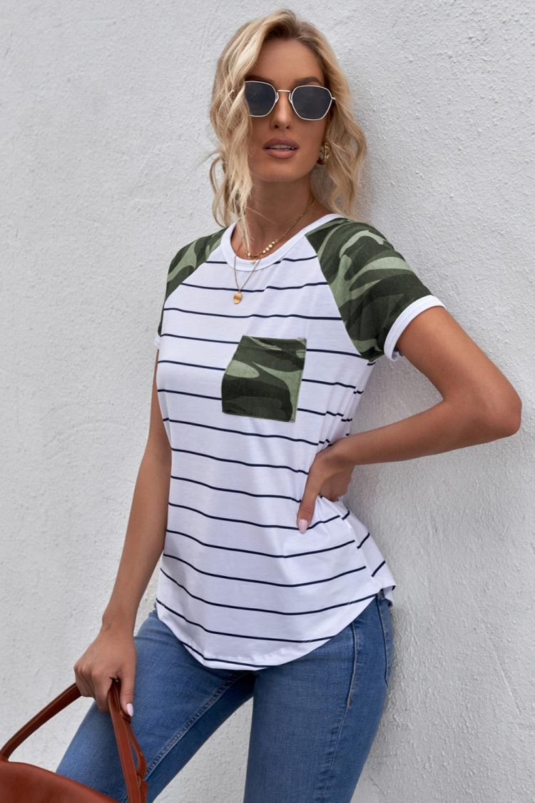 Liz Women's Striped Camo Pocketed Patch Tee Green