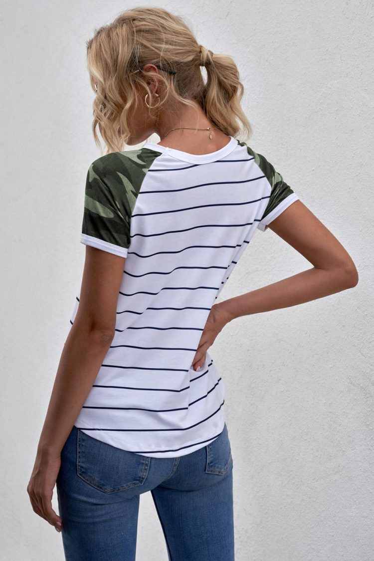 Liz Women's Striped Camo Pocketed Patch Tee Green