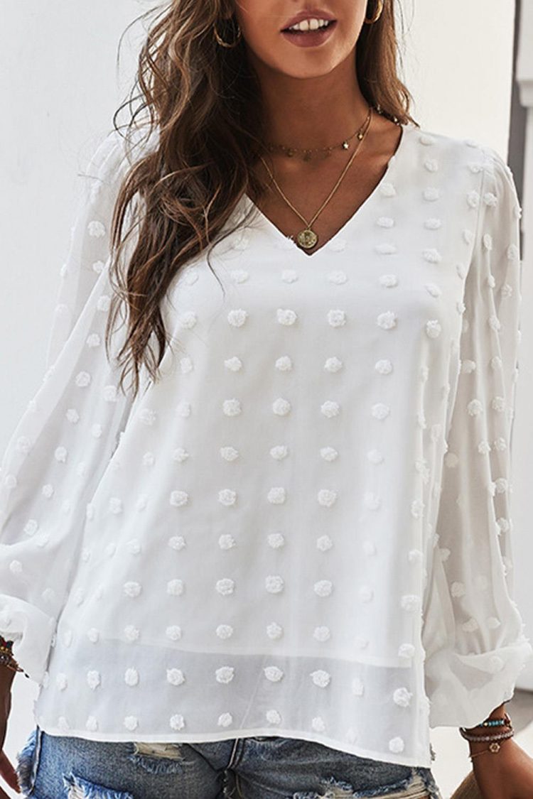 Millie Women's Swiss Dot Bubble Sleeve Blouse White