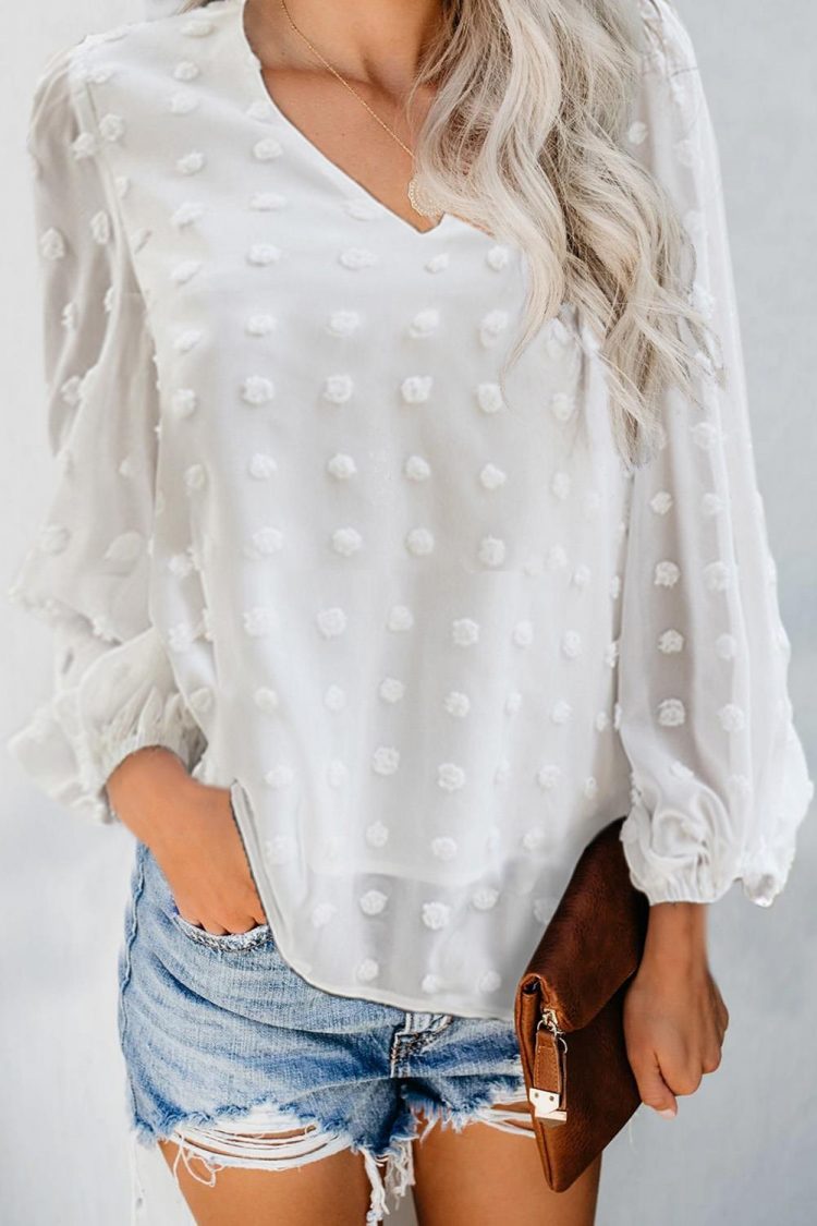 Millie Women's Swiss Dot Bubble Sleeve Blouse White